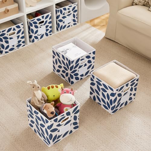 Image of MAX Houser Fabric Storage Bins Cubes Baskets Containers with Dual Plastic Handles for Home Closet Bedroom Drawers Organizers, Foldable, Set of 6 (Blue)