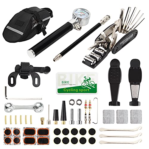 DeShan 53PCS Bike Tire Repair Tool Kit,Tool Kit Contains 16-in-1 Tool, 210PSI Mini Gauge Hand Pump,Bicycle Tire Patch Kit Used for Mountain Bike and Road Bike.