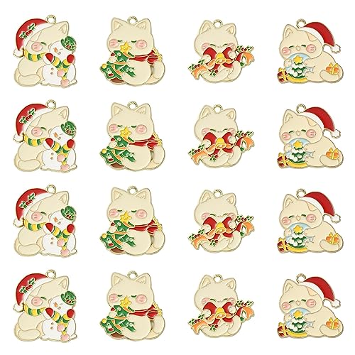 Stiesy 20Pcs 4 Styles Christmas Hat Cat Charms Pendants Enamel Kitten with Christmas Tree Snowman Dangle Charms for Jewellry Making DIY Bracelets Crafting