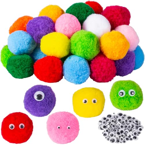 2 Inch Large Assorted Pom Poms 36 Pieces Fuzzy Pompoms with 150 Pieces Wiggle Eyes for Crafts Decorations