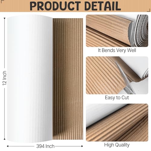 Image of Corrugated Cardboard Roll, 12 x 394 Single Face Large Cardboard Sheets Thick Corrugated Cardboard Paper for Crafts, Shipping, Mailing, Gift Packaging, DIY Projects, Modeling(White)