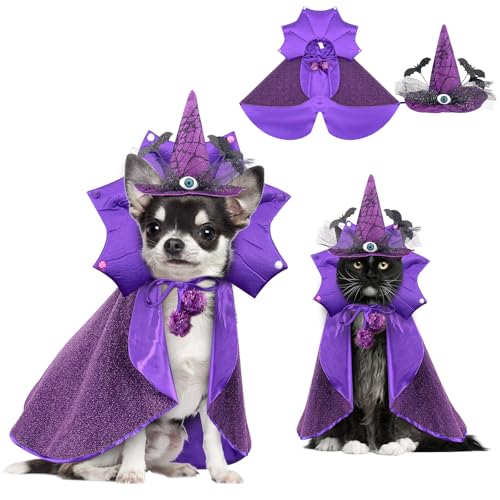 Dog Witch Costume & Hat Dog Halloween Costume, Cat Wizard Cloak Cape Small Dogs Wizard Costumes Pet Witch Hat and Cloak for Cats Small Dogs Cosplay Costumes Funny Apparel for Halloween Party