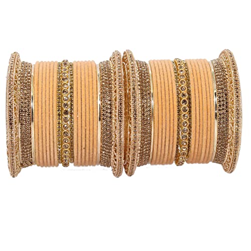 Image of NMII Non-Precious Metal with Base Metal and Studded with Zircon Gemstone Glossy Finished Traditional Velvet Bangle Chuda set for Women and Girls