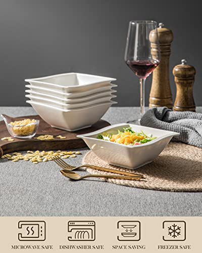 Malacasa Cereal Bowls Set Of 6, 15Oz Soup Bowls, Porcelain Ice Cream Bowls, White Bowls For Kitchen, Square Serving Bowls For Salads Fruits Pasta Dessert Side Dish, 5.3", Microwave Safe, Series Flora #TOP4