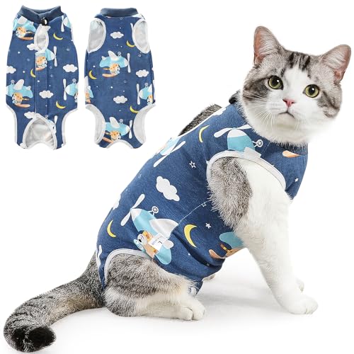 AUTOWT Cat Surgery Recovery Suit, 1PCS Lovely Printed Pet Spay Surgical Clothing, Pet Cone E-Collar Alternative After Surgery Onesie for Small Medium Cats for Abdominal Wounds Anti Licking,Blue,S