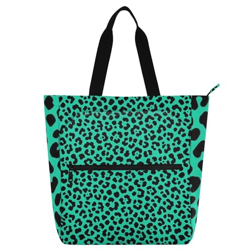 Bolsa de mano escolar y de viaje con estampado de leopardo turquesa y cremalleras