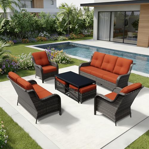 Image of Joyside 7 Piece Wicker Patio Furniture Set, Rattan Patio Chairs with High Back, Deep Seating, Wide Armrest, Thickened Cushions, Outdoor Furniture for Deck, Porch Use