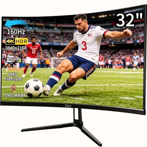 Image of ZZA 32 inch Curved Gaming Monitor, 4K UHD (3840 x 2160) VA Display, 1500R Immersion, 144Hz /160Hz Refresh Rate, Advanced Computer Screen, Supports AMD FreeSync Premium, 120% sRGB Color Gamut,HDMI 2.1 /DP1.4