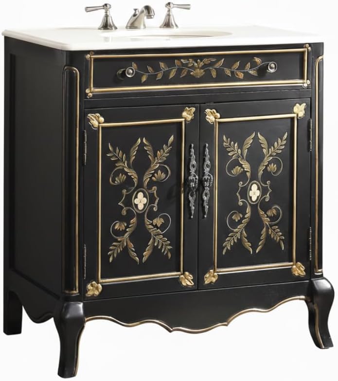 Decoroso 32" Bathroom Vanity with Sink, White Marble Top, Hand-Painted Black & Gold Floral Single Sink Vanity, Fully Assembled Traditional Antique Cabinet, 32.5"W, 8" Widespread