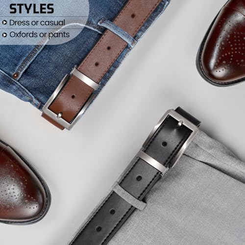 Men Belt Reversible Leather Belts - One Belt, Two Colors 1.35" for Casual Dress Golf, Trim to Fit4