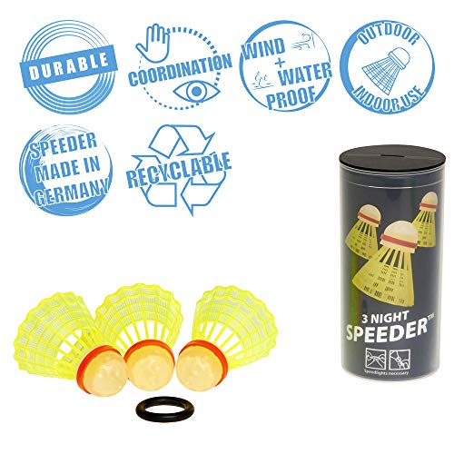 Speeder® Tube NIGHT Bote con 3 gallitos - Night Speeder - para jugar Crossminton / Speed Bádminton en la noche