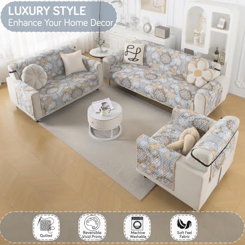 Image of HOKIPO Double Sided Quilted Sofa Cover 6 Seater Fully Covered, Washable(3+2+1) Sofa Cover Easy Drape Series, Cool Breeze Floral (IN-1101 + IN-1100+IN-1099-ED5)