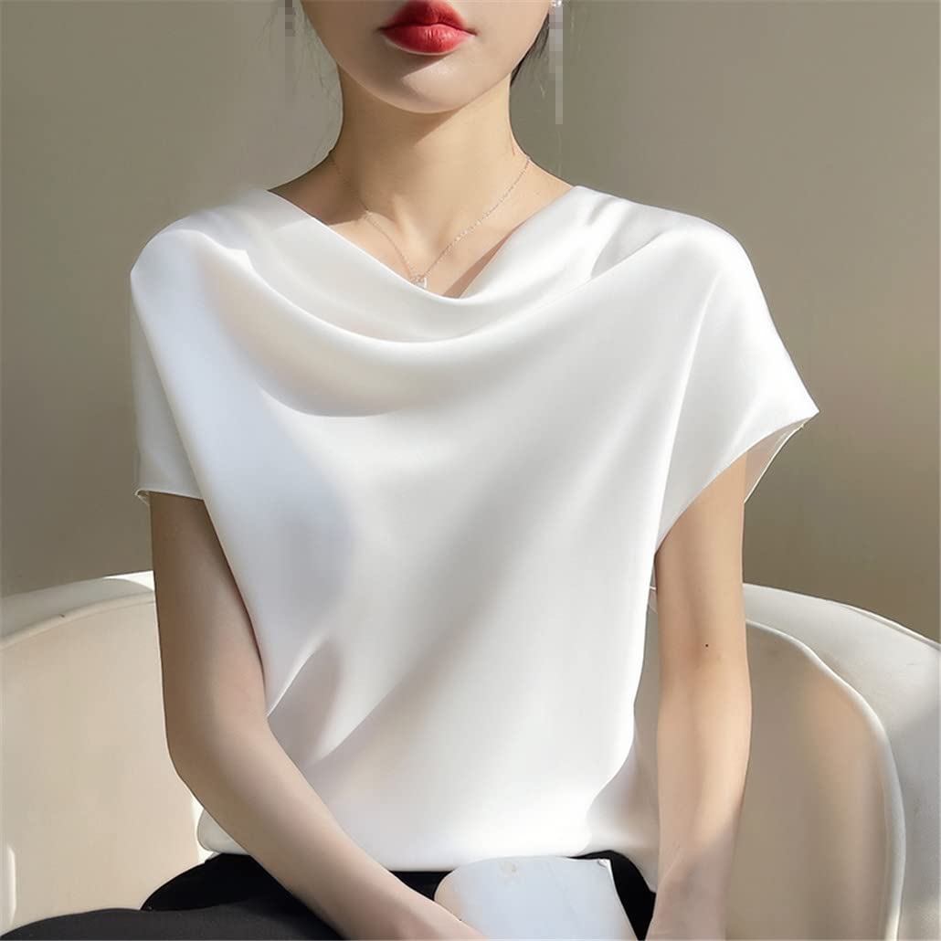 keusyoi Damen Seide T-Shirts Sommer Rundhals Kurzarm T-Shirts Casual Einfarbig Unterteil T-Shirt Tops Lose Female Pullover