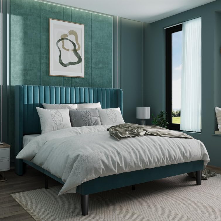 NATRAJ ART & CRAFT Lort Modern Upholstered Queen Size Bed with Wingback Headboard | Wooden Double Bed Cot Palang Furture Without Storage (Bottle Green)-image-45