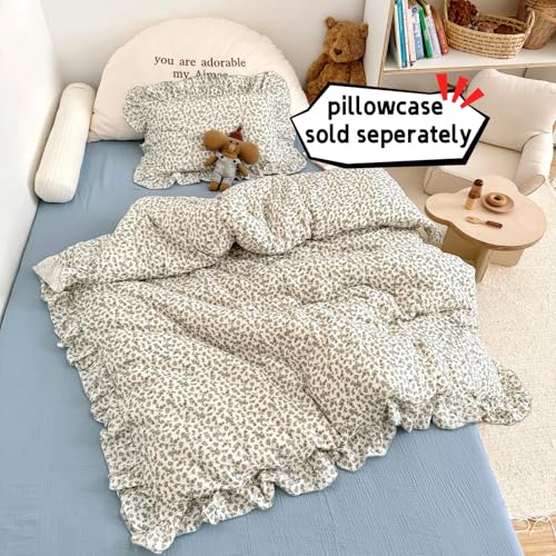 Image of BuLuTu Blue Floral Toddler Kids Duvet Cover for Girls Boys 100% Cotton Muslin Quilt Cover for Toddler Bed Vintage Flower Design Duvet Cover with Ruffles, 47 inchx59 inch, Pillow Case Not Included