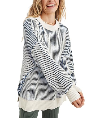 Image of Beyond Chenille Sweater for Women 2026 Winter Crew Neck Pullover Sweater Color Block Knit Tops