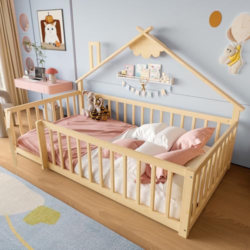 EURHCIO Lit Au Sol Enfant 140x190cm,Lit Cabane Enfant Montessori avec Design Cabine Distinctif,Porte,Barrières Hautes,Sommier à Lattes Solide,pour...