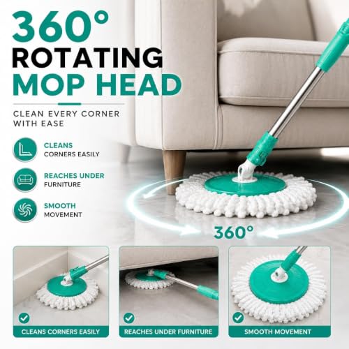 Image of Ultra Premium 360 Spin Mop Stick Rod with Stainless Steel Handle | Adjustable & Extendable Heavy Duty Mop Handle | Floor Cleaning Refill Rod Compatible with Spin Mop (Aqua) (1 Refill)