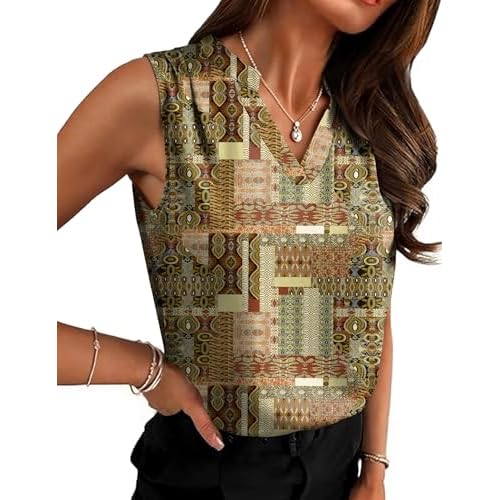 Rapbin Women's Silk Tank Tops V Neck Pleated Sleeveless Satin Blouses Spring Business Work Shirts Ethnic Prints X-Large