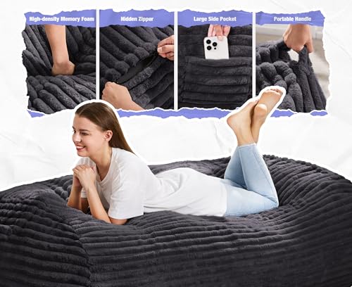 Image of Hobestluk 5FT Bean Bag Chairs Adult Bean Bag with Portable Handle Comfy Large Bean Bag Lounge Chair with Removable Cover for Living Room Bedroom (Stripe Dark Grey, 5FT)