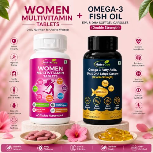 Image of Women's Wellness Combo | Women Multivitamin Tablets (60 Tablets) + Omega 3 Fish Oil Capsules (60 Softgels) | EPA DHA, Vitamins, Minerals, Biotin & Folic Acid | Immunity, Hair, Skin, Heart & Brain Support