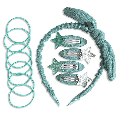 Papierdrachen Special Hair Accessories Set with Headband, Glitter Hair Clips, Hair Bobbles Combined with High-Quality Muslin Fabric - Petrol - for Girls and Women