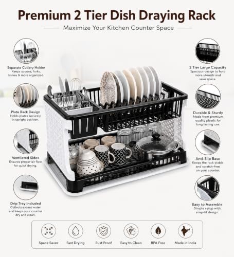 Image of JD FRESH 2 Tier Dish Drying Rack for Kitchen /Plastic Foldable Cutlery Holder for Countertop Rack /Compact Size Utensil Drainer Organizer with Water Tray /Space Saving Plate Stand (Black)