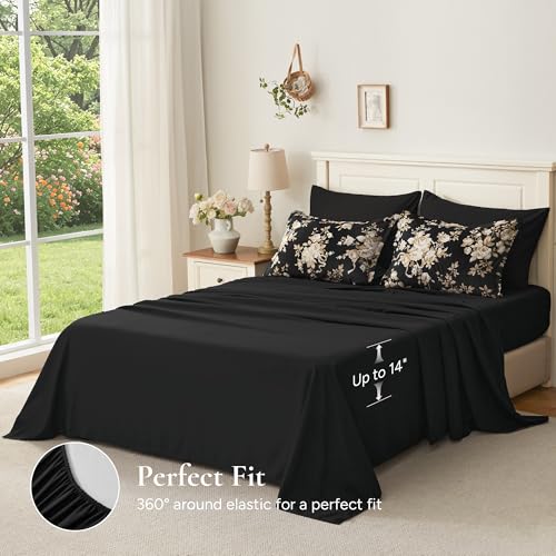 Image of Andency Floral Comforter Set Full Size, 7 Pieces Black Flower Lightweight Bedding Set for All Seasons, Soft Vintage Bed in a Bag with Comforter, Sheets, Pillowcases & Shams