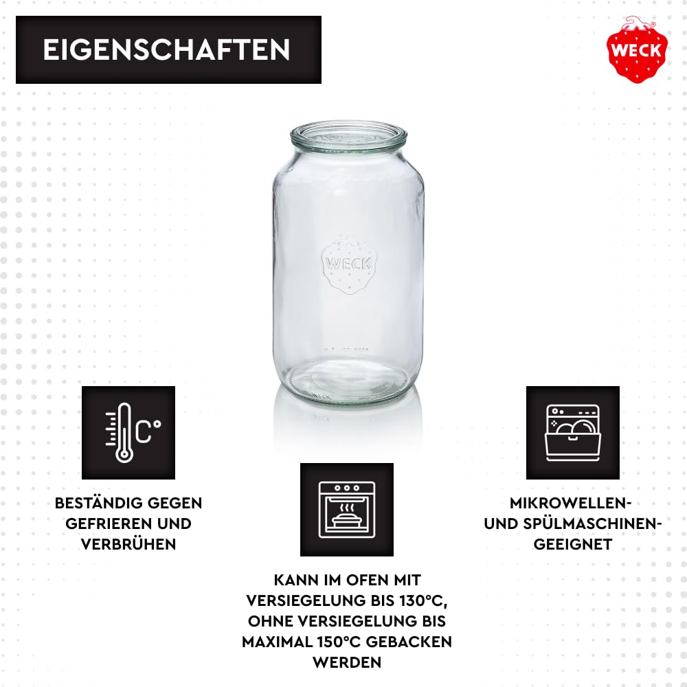 Weck Zylindrisches Glas 3000 ml 4 Stück | Glas mit Deckel | Zum Einmachen von Konserven, Säften, zur luftdichten Aufbewahrung von trockenen Zutaten