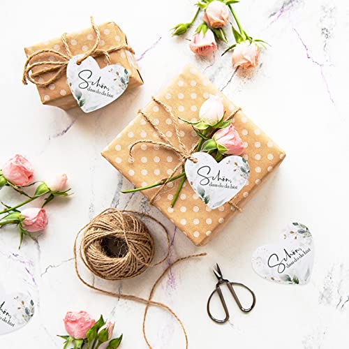 50 Stück Geschenkanhänger Hochzeit Schön dass du da bist Etiketten Herz Anhänger Eukalyptus Tags Gastgeschenke Deko Party Geschenke zum Basteln mit 10m Jute Schnur (50)