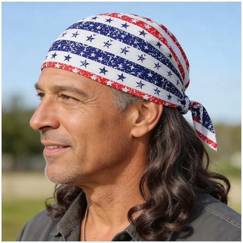 Image of Men's Mullet Wig with USA Bandana - Long Curly Patriotic Mullet Wig for 4th of July, Hillbilly Costume, Redneck Party, Cosplay (Medium Brown)