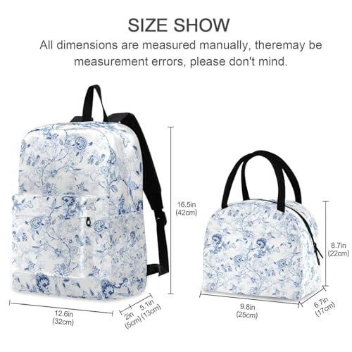 Blue White Floral Backpack for Kids, Girls Boys Lightweight Elementary Bookbag with Lunch Box2