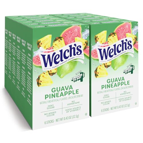 Welch’s Singles To Go! Sugar Free Drink Mix, Guava Pineapple Water Flavor Packets, No Aspartame, No Artificial Dyes, Low Calorie, 72 Sticks (12 Boxes, 6 Each)