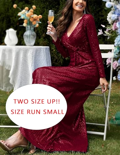 Image of Long Sleeve Sequin Dress For Women Formal Gowns Sparkly V Neck Maxi Dress