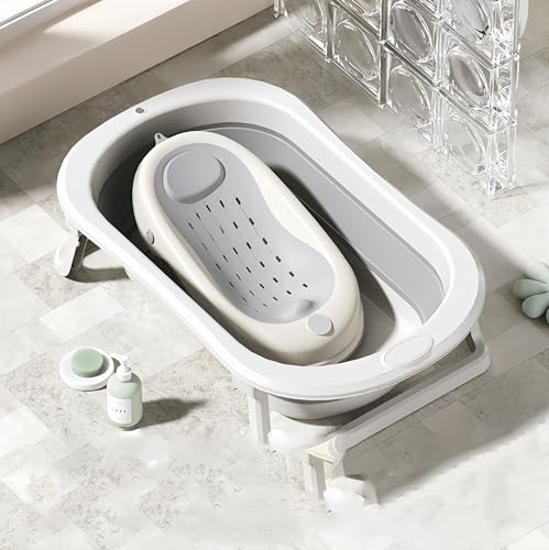 GRSMISベビーバス 折りたたみ式 温度を表示できます 家庭用 改良版 滑り止め お風呂の浴槽 折畳み浴槽 用0〜2歳 収納簡単 省スペース お風呂 新生児 ベビー用浴槽 出生ギフト (グレー +バスラック)