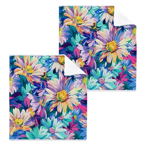 ALAZA Wash Cloth Set 100% Cotton Fingertip Towels Face Cloths Sets Flowers 1 Highly Absorbent Soft Feel Set of 2