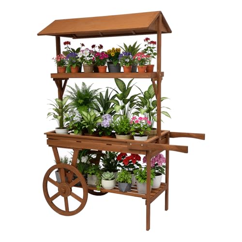 YIPONYT Wooden Flower Cart Display Stand with Wheels, 3-Tier Vintage Rolling Cart for Candy Dessert Market Booth, Party Display, Coffee Bar & Event Decor, Freestanding Brown Wood Cart