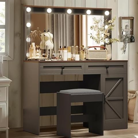MIRROTOWEL 43.4" Vanity Desk with Drawers & Mirror with Lights, Dressing Table with Drawers & Cabinet 3 Shelves Lots Storage for Stylish Bedroom (Black) Cover