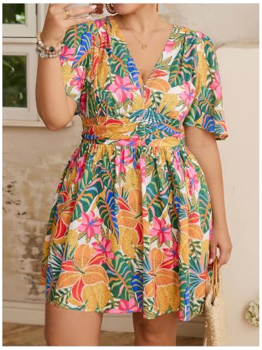 Image of Floerns Women's Plus Size Printed V Neck Short Sleeve Ruffle Hem Summer Short Dresses