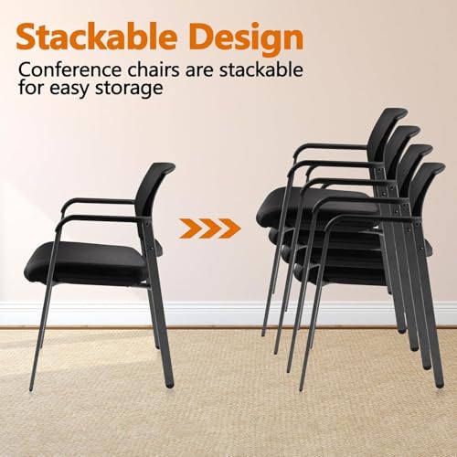 Image of CLATINA No Wheels Conference Room Chairs Set of 8, Stackable Office Guest Reception Chair with Armrests, Mesh Back Waiting Room Chairs for Office, School, Lobby, Church, Black