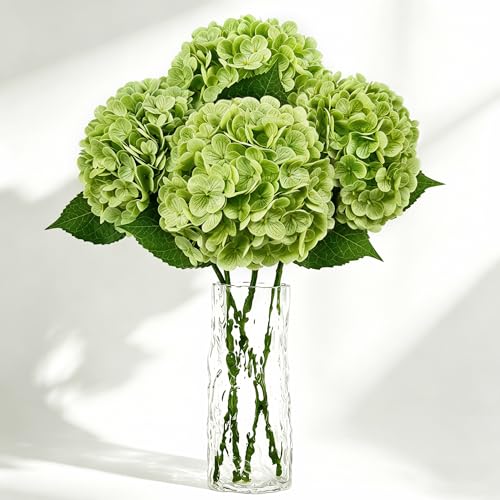 VUAHAUL 4 PCS Real Touch Hydrangea Artificial Flowers 20.5 Green Latex Faux Hydrangeas Large Fake Flowers with Stems Leaves for Family Table Wedding Bouquets Party Home Decor (4 Green 20.5)