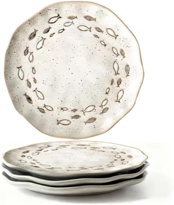 YEWUDHOM Japanese Ceramic Dinner Plates Set of 4,9 Inch Porcelain Plates with Fishes Pattern Design,Ceramic Plate for Steak,Salad,Pasta,Dessert,Perfect for Party,Wedding,Home Kitchen