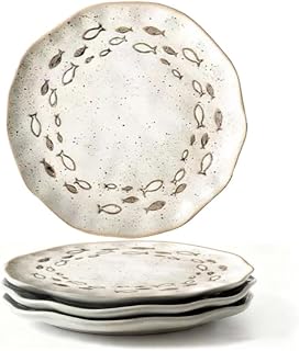 YEWUDHOM Ceramic Dinner Plates Set of 4,Japanese Style,9 Inch Plates | Fishes Pattern Design,Ceramic Plate for Steak,Salad,Pasta,Dessert, Party,Wedding,Home Kitchen