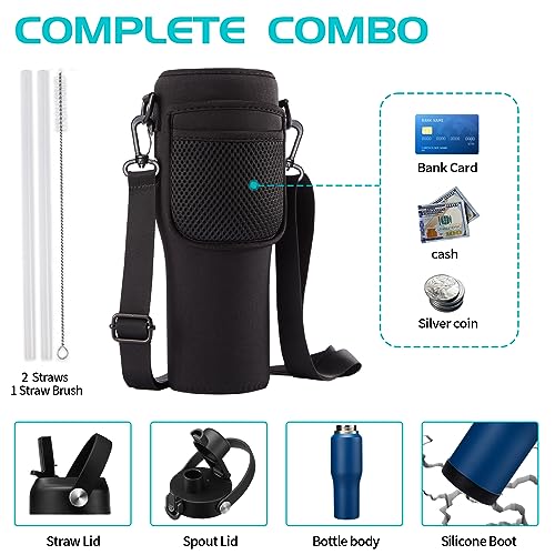 Image of 32oz Insulated Water-Bottle with Straw - Carrier Strap Bag, Keeps Cold 48h & Hot 24h, Metal Water Bottles 32 oz Cups with Lids for Gym /Hiking