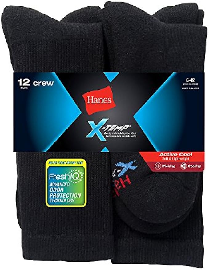 Mens Freshiq X-Temp Active Cool Crew Socks 12-Pack (AC1812) -BLACK -6-12