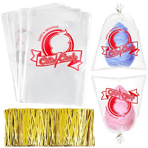 Image of Geyee 500 Pcs Cotton Candy Bags with Ties Cotton Candy with Print Clear Large Carnival for Party and Kitchen, 11.8 x 17.7 Inch