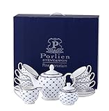 Porlien Exquisite Porcelain Gold Trimmed Royal Blue 17-piece Tea Set Teacup & Saucer Set Service for 6, with Teapot Creamer Pitcher Sugar Bowl Teaspoons for Tea/Coffee