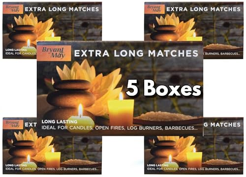 5 Boxes - Bryant & May Extra Long Safety Matches - Ideal for Candles Open Fires Log Burners & BBQ