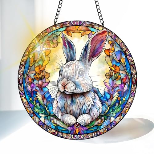 VAIIEYO Rabbit Sun Catcher Stained Glass Window Hanging Ornament, Handmade Sun Catcher Animal Decoration with Hooks for Window Garden Home, Mother's Day & Birthday Housewarming Gift (7.8 inch)
