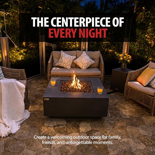 Image of AMS Creations | Brooklyn 40 inch Bundle Square Propane Gas Outdoor Fire Pit Table | Dark Gray Concrete GFRC | Limestone Texture Surface Fire Pit Table